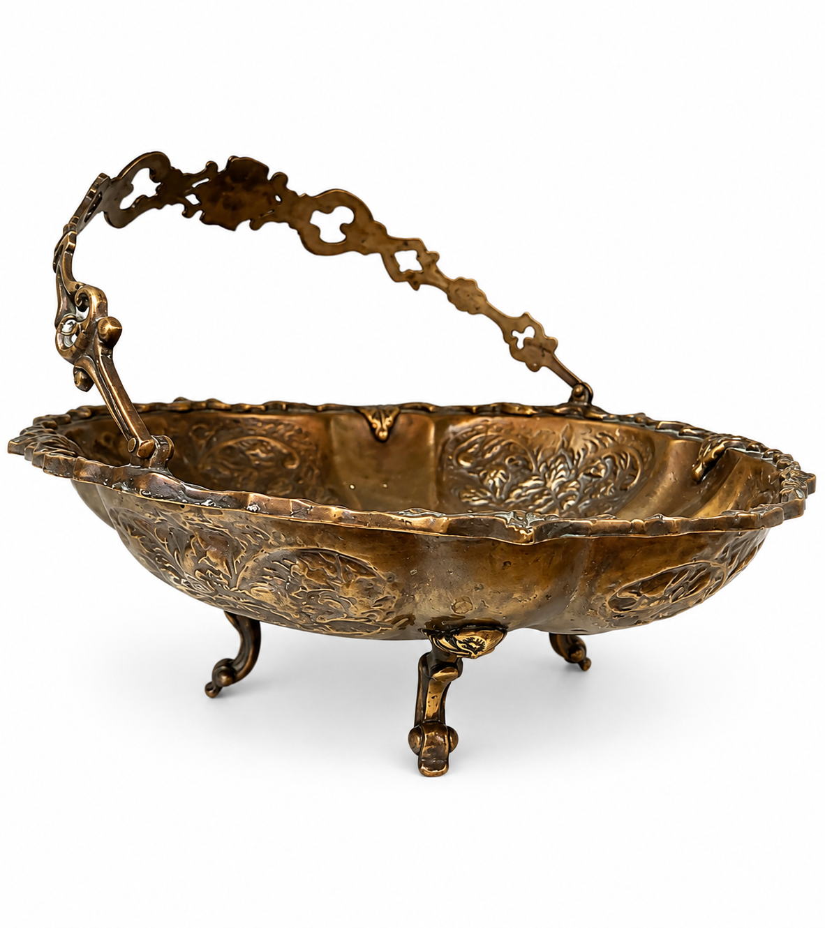 Ornate Footed Metal Basket with Swing Handle | Vintage Style Decorative Centerpiece