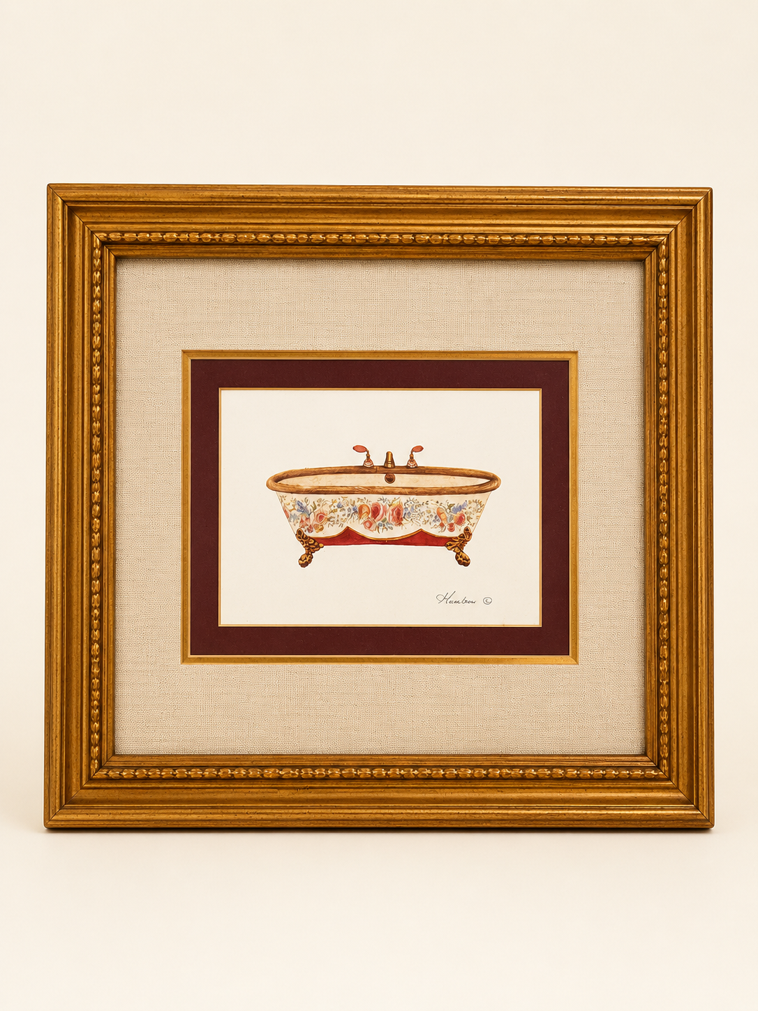Framed Floral Clawfoot Tub Print | Cottage Bath Wall Art | 13.5” x 12”